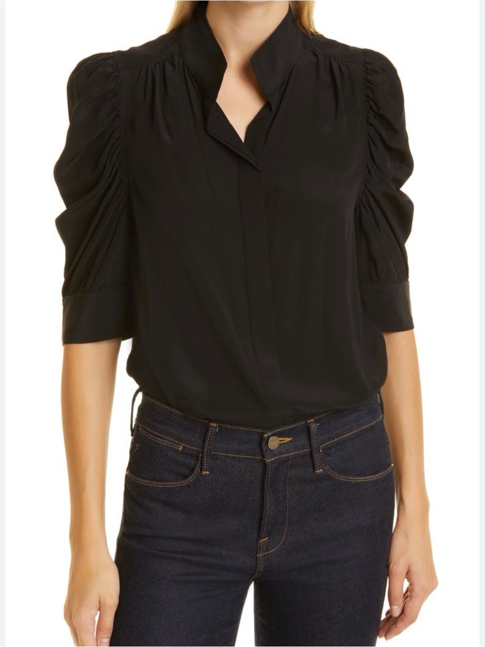 Frame 100% Silk Black Puff-Sleeve V-Neck Blouse